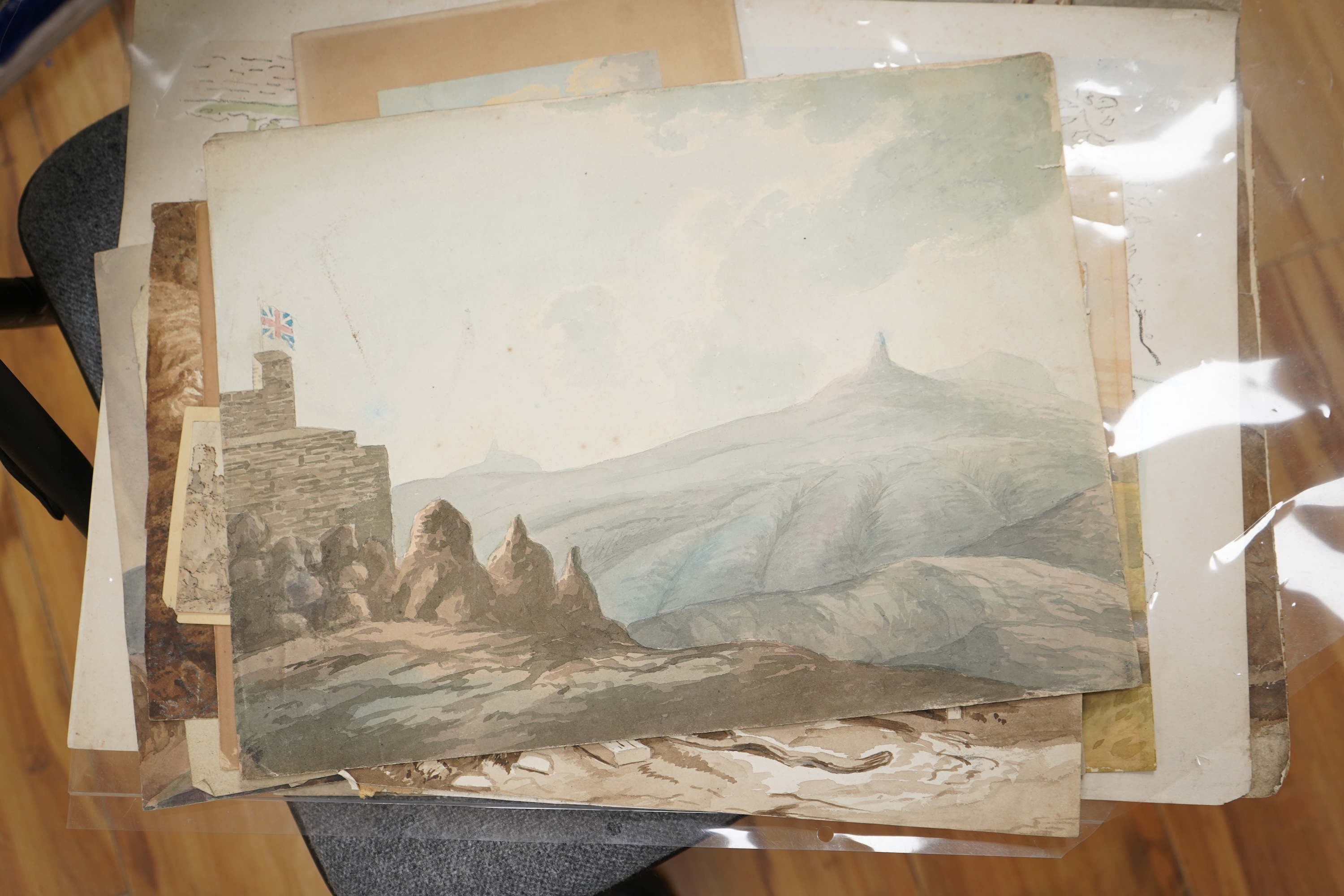 A collection of 18th and 19th century inks, watercolours and pencil sketches, predominantly landscapes and figural works, unsigned, unframed, largest 34 x 46cm